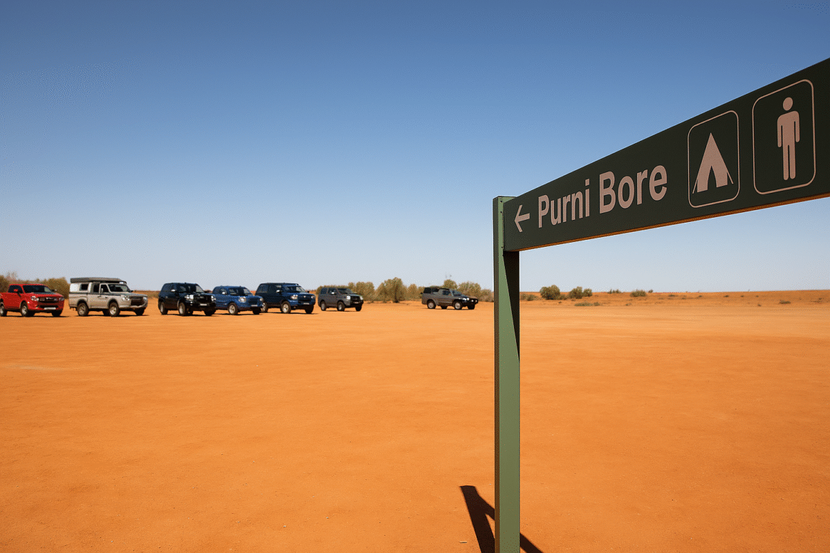Off-road vehicles lined up on the red dirt of Purni Bore under a clear blue sky, with a directional sign pointing to camping and restroom facilities—capturing the rugged spirit of an Australian outback tagalong tour.